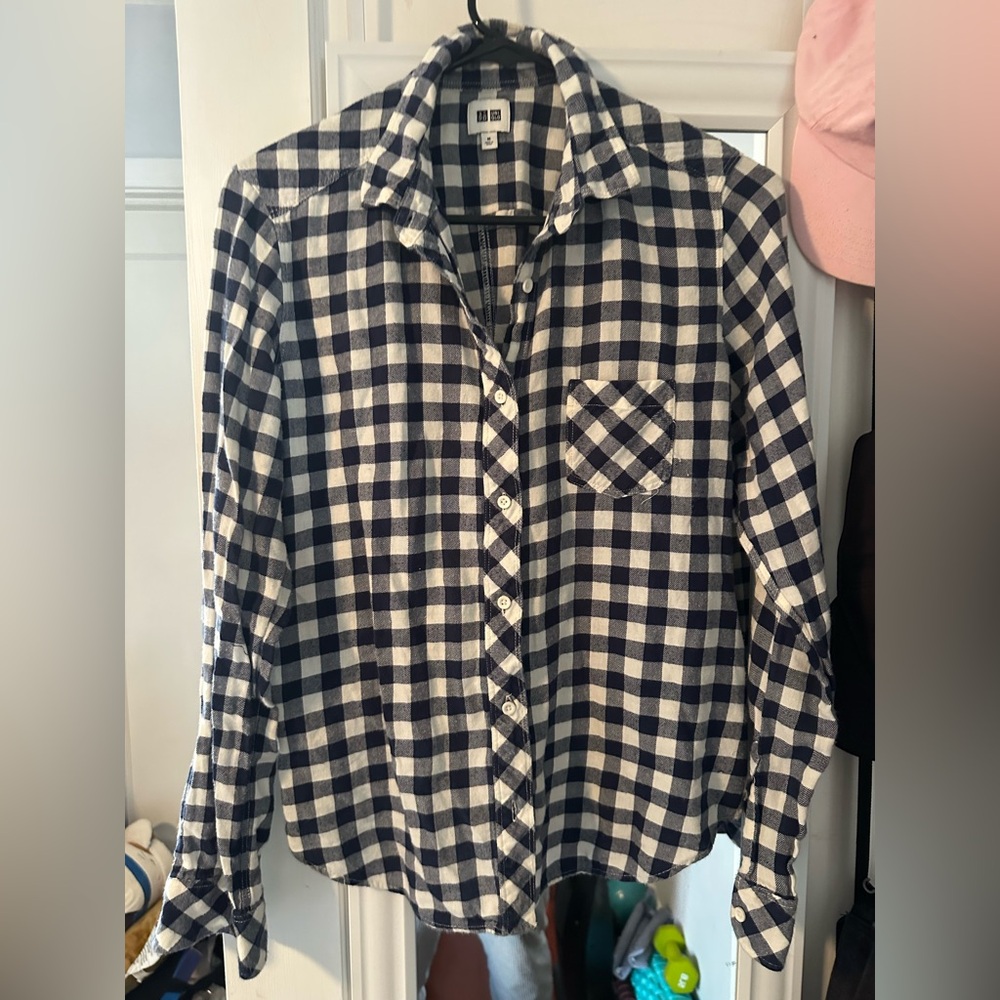 Uniqlo White Blue Checkered Flannel Button Down Shirt Women M New